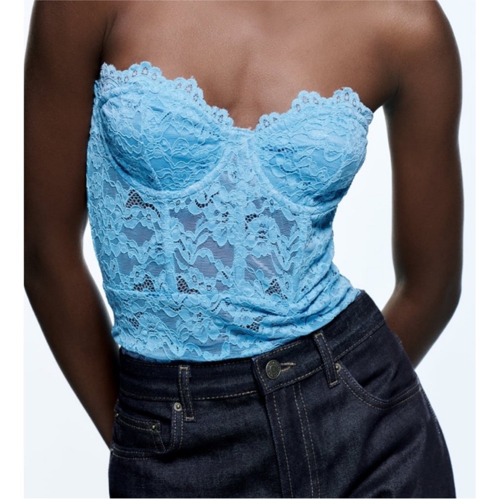 Zara strapless lace bodysuit blue